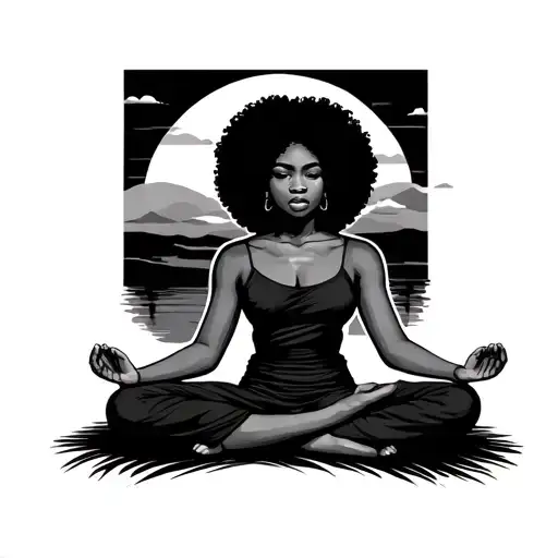 Black Women With Afro Meditating With Sunset Background