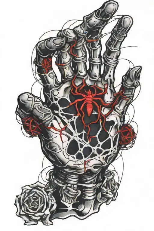 Hand Skeleton Colored In With Red Accent And Spider Webs In Between The Fingers