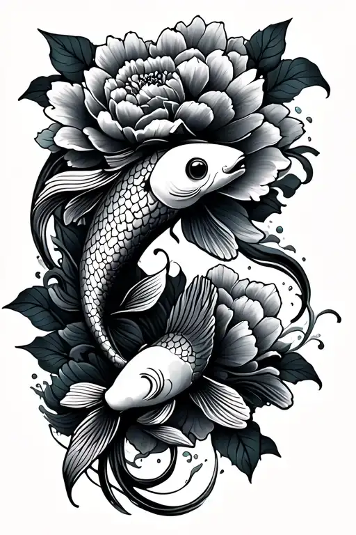 Koi Fish With Waves Flowing And Peony Flowers