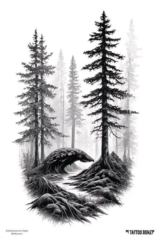 Black And White Upper Arm Sleeve Tattoo With Forest