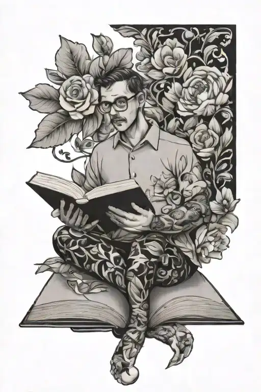 Teacher Reading A Book Surrounded By Bold Floral