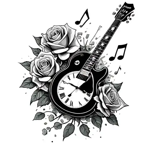 A Broken Clock Trowing Money A Guitar Above With 2 Roses And Some Musical Notes