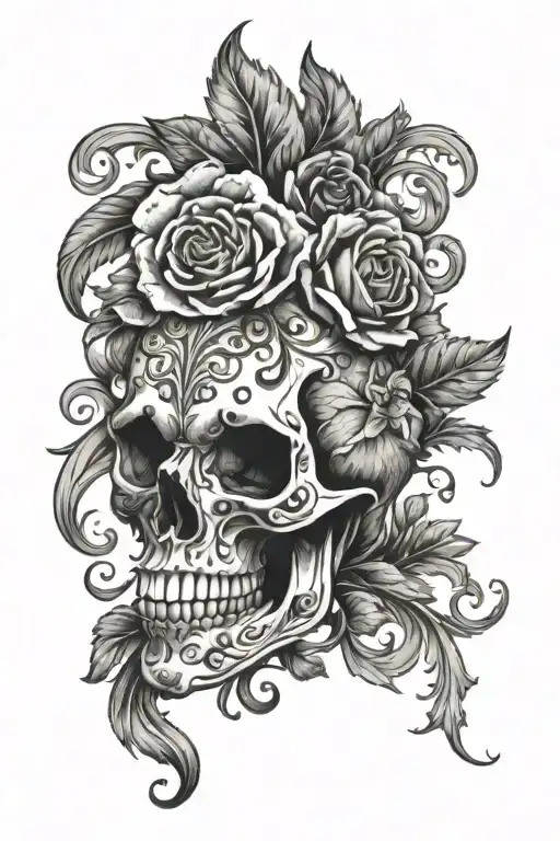 Skull Half Bear With Flourishes Black And Grey