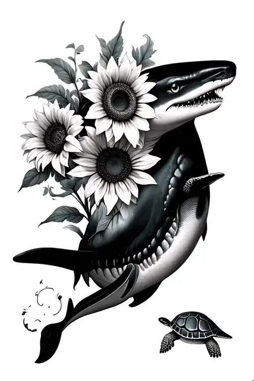 Blue Whale Shark With Lilys And Sunflowers With Turtle