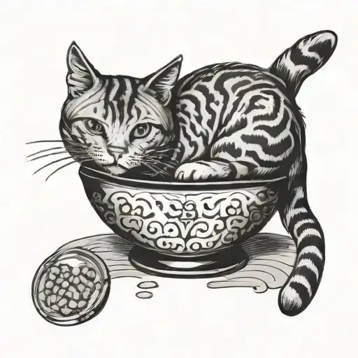 Small Ignorant Art Style Of A Cat Laying In A Japanese Art Bowl Filled With Miso Soup