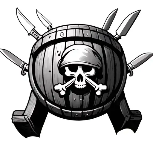 Pop Up Pirate Toy In A Barrel With Knives Inserted To The Barrel