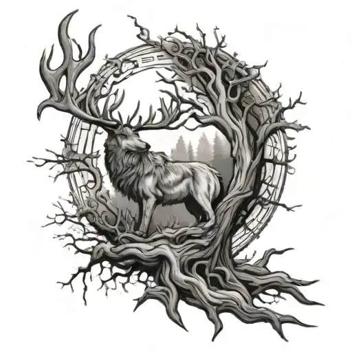 Yggdrasil With Woman With Antlers And Wolf Howling