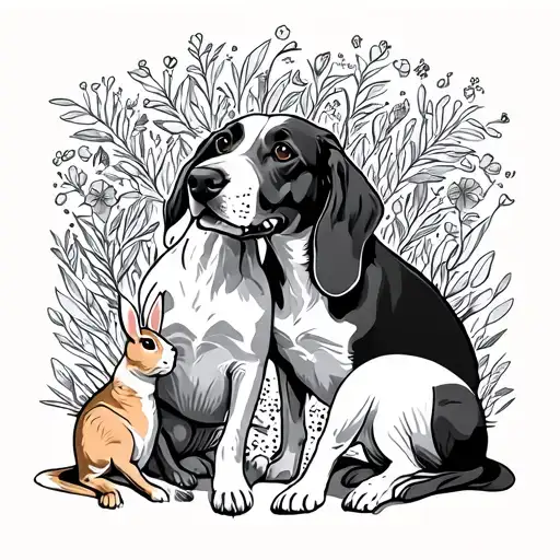 Continuous Single Line Of A Bassett Hound And A Rabbit And Three Greyhounds
