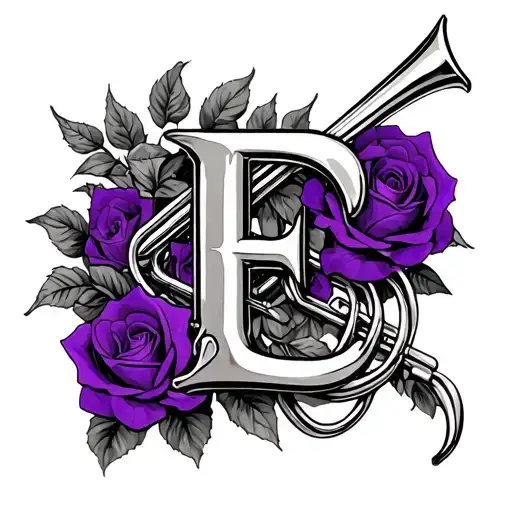 Gothic Letter E With A Trumpet And Purple Roses