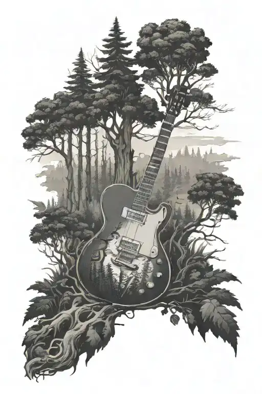 Forest With A Path And A Gibson Es 335 Guitar Hidden Withing The Forest Black And White Forearm