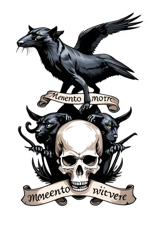 2 Crawling Panthers With Memento Mori And Memento Vivere Banners Raven On A Skull In The Center