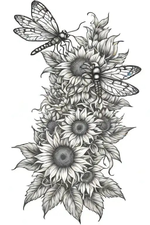 Bunch Of Sunflowers With A Dragonfly Buzzing Around