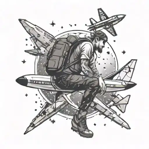 Lonely Man Looking At The Starry Sky And Space With Planes