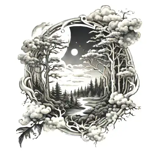 A Detailed Black And Grey Tattoo Of A Mystical Forest With A Moon Shining Through The Clouds