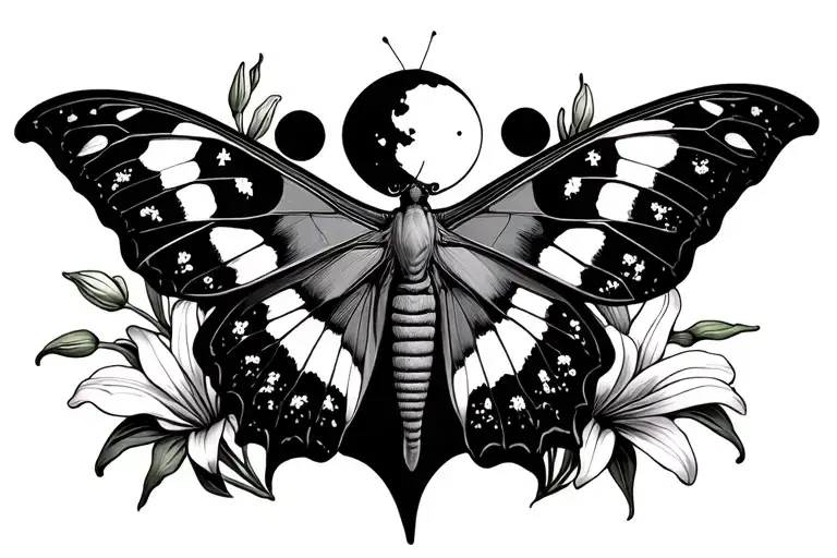 Detailed Luna Moth With Moon Phase Above It And Columbine And Lilies On Each Side