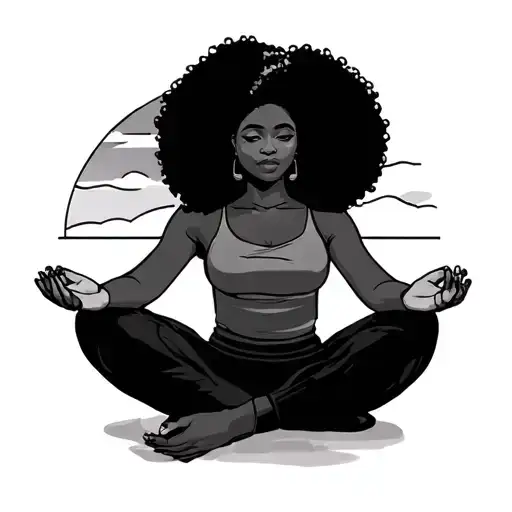 Black Women With Afro Meditating With Sunset Background And Hands In Lap
