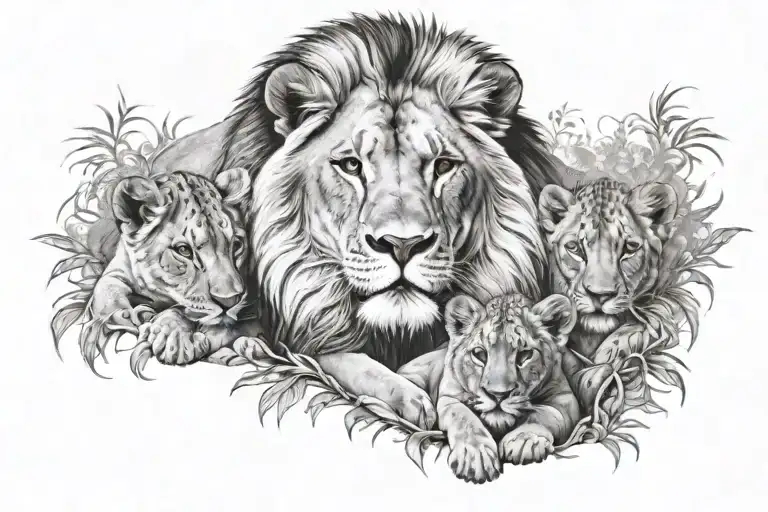 Lion And Cubs Family Posing