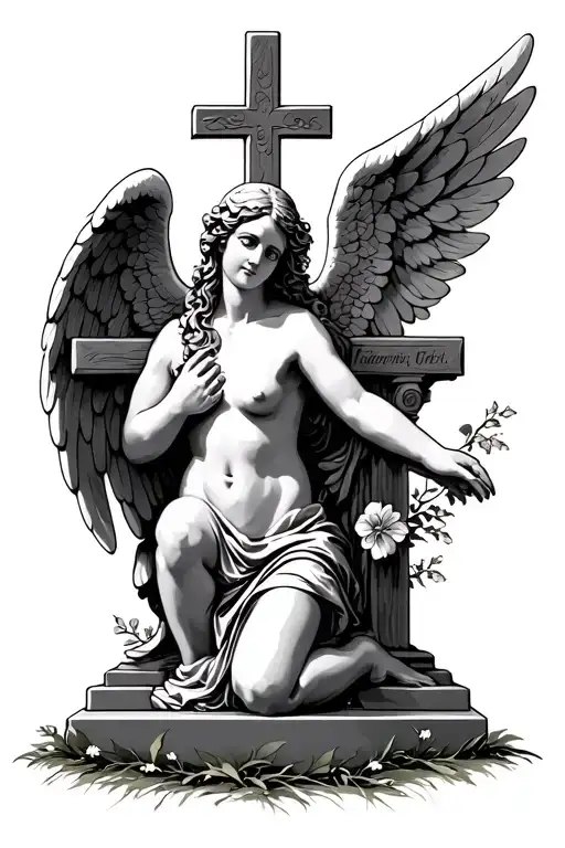 Angel Kneeling At A Cross Headstone