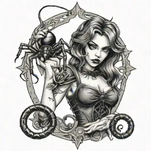 Gothic Girl Holding Black Widow Spider Hanging