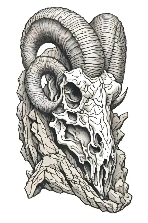 Big Horn Sheep Skull In Front Of A Rocky Mountain