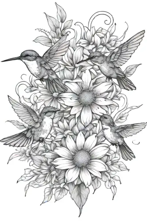 Nature Tattoo Outline Including Humming Birds And Daisies