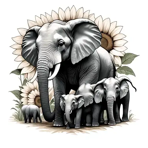 Momma Elephant With 5 Baby Elephants And A Sunflower Background