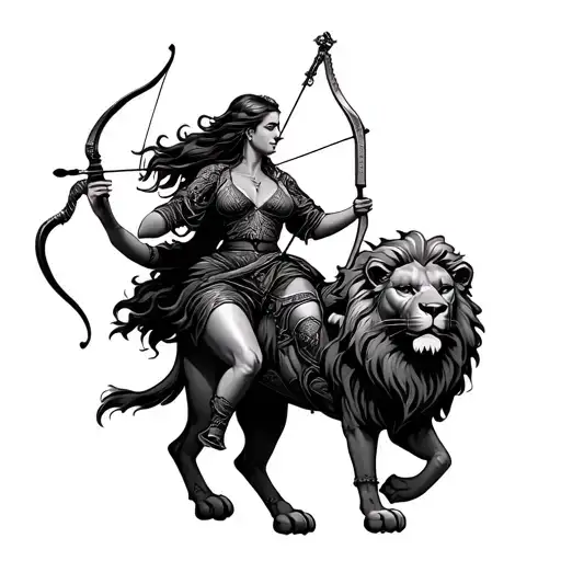 Lady Archer Riding Lion Holding Measuring Scale