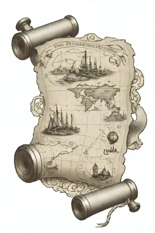 Old Scroll With Treasure Map Of Land With Footprints On The Map