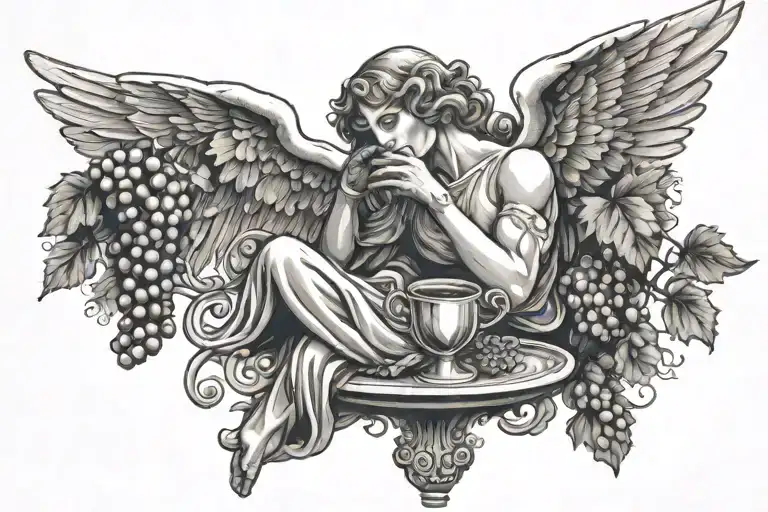 Angel Holding A Cup Of Wine Glass And Grapes Growing