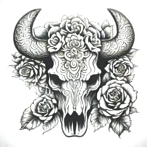 Aztec Cow Skull With Roses And Mandalas Symbolizing Strength