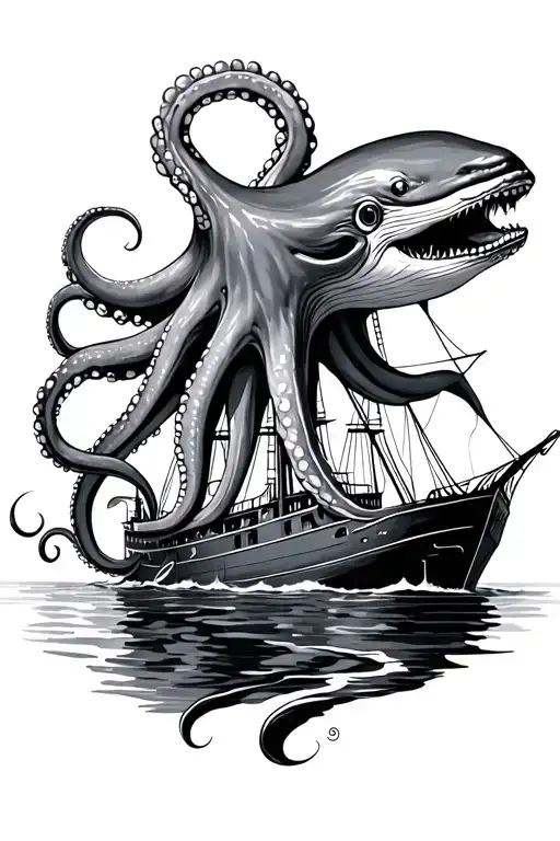Octopus And Grey Whale And Sunken Ship