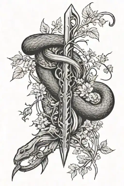 A Spear Impaled In The Ground With Weeds And Vines Around It And With A Snake Climbing Up The Spear