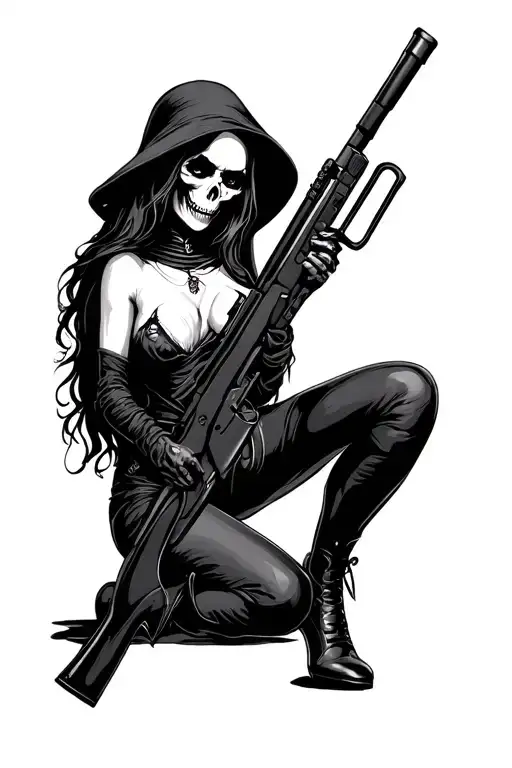 Sexy Grim Reaper Girl Holding Rifle Leaning