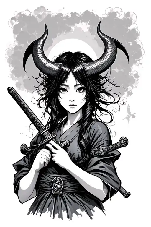 Japanese Girl With Horn Holding Katana Sword