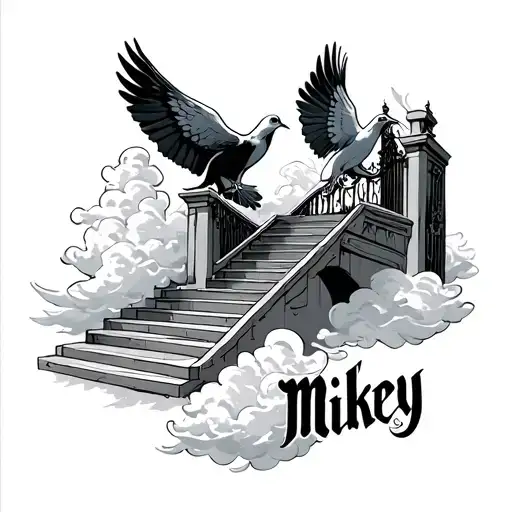 Doves With A Staircase To Heaven Gates With Clouds And The Name Mikey