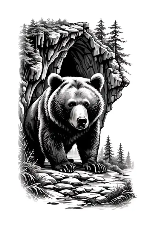 Bear In Front Of Cave Surrounded By Trees