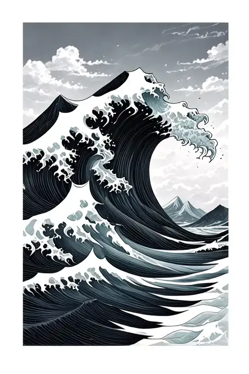 Fine Line Black And Grey Geometric Ocean Wave And Mountain