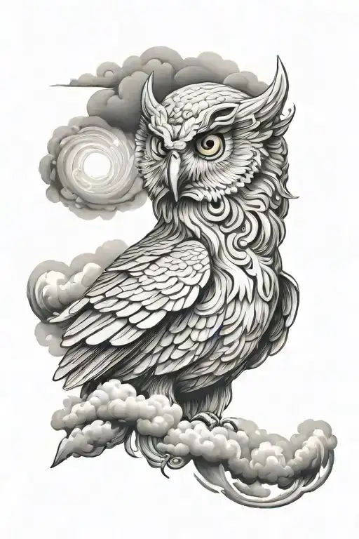 White Owl With Athena Greek Mythology Head Surrounded By Air Swirling And Clouds