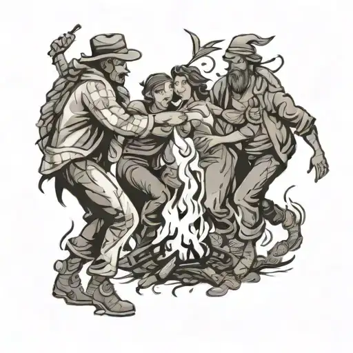 A Group Of Friends Dancing Around A Bonfire With Swedish Folklore Elements