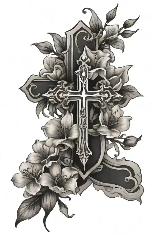 Dainty Flowers And Cross For Spine Tatoo