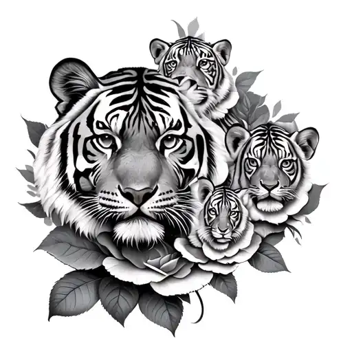 Tiger And 3 Cubs Intertwined With Roses