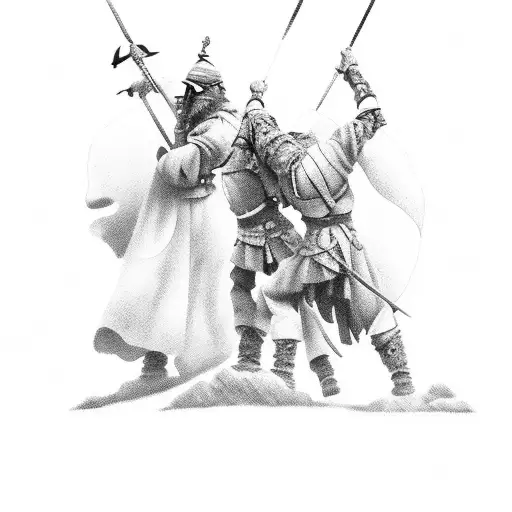 Three Warrioors On A Mountain The Sky Opens Above Them Showing Two Figures