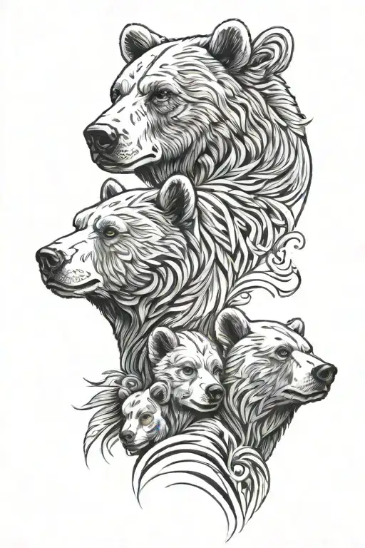 Family Tattoo With 2 Parents And 2 Kids Bear Head Profile Holding