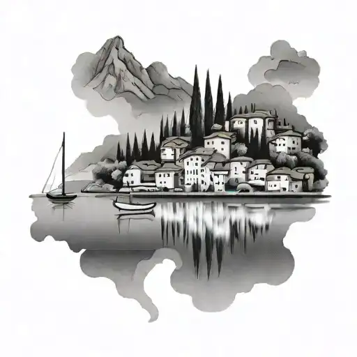 An Outline Of Houses On Lake Como With Boats In The Water