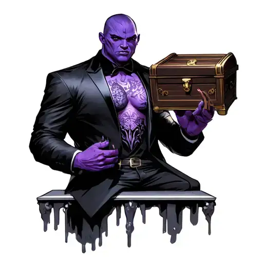 Purple Bukalemun With A Black Suit Holding A Chest