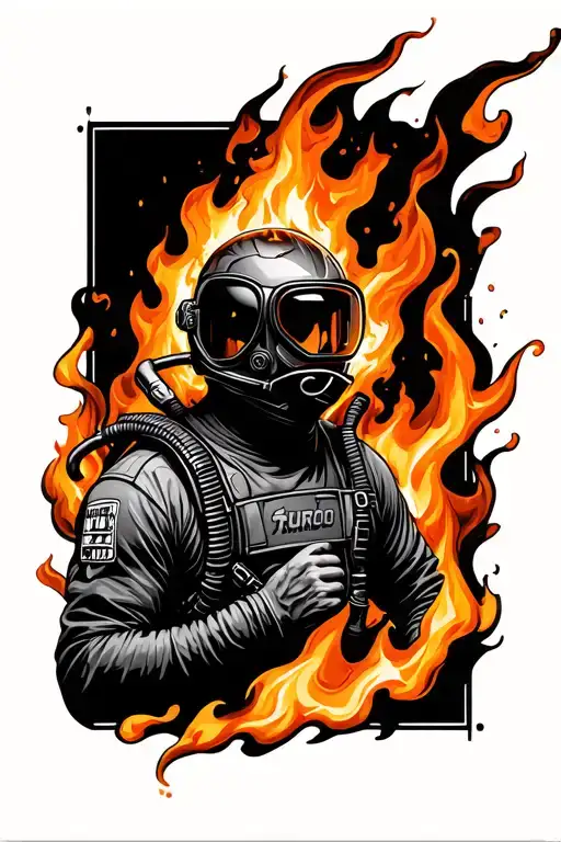Diver With Fire Helmet Engulfed In Flames