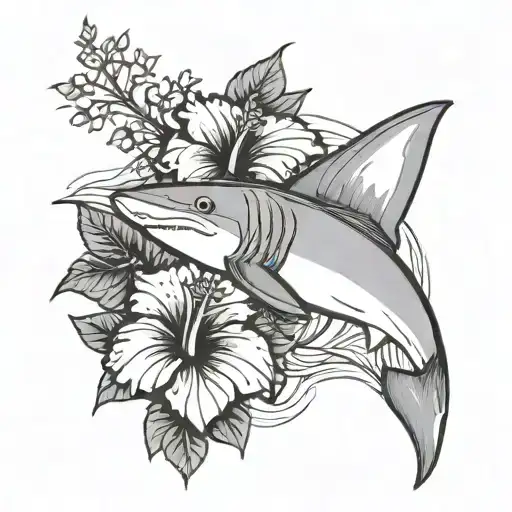 Fine Line Tattoo Featuring The Outline Of A Reef Shark And A Hibiscus Flower