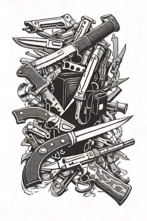 A Collage Of Different Knives And Guns Intertwined With Camping Gear