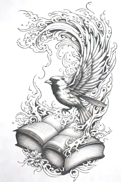 Ocean Waves With A Cardinal Flying And Flames Showing Light And Dark And A Book Page Or Books