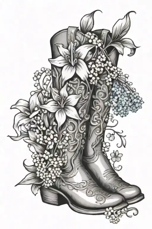 Cowboy Boot With Violet Daisey Lily Of The Valley Honeysuckle Larkspur And Aster Flowers